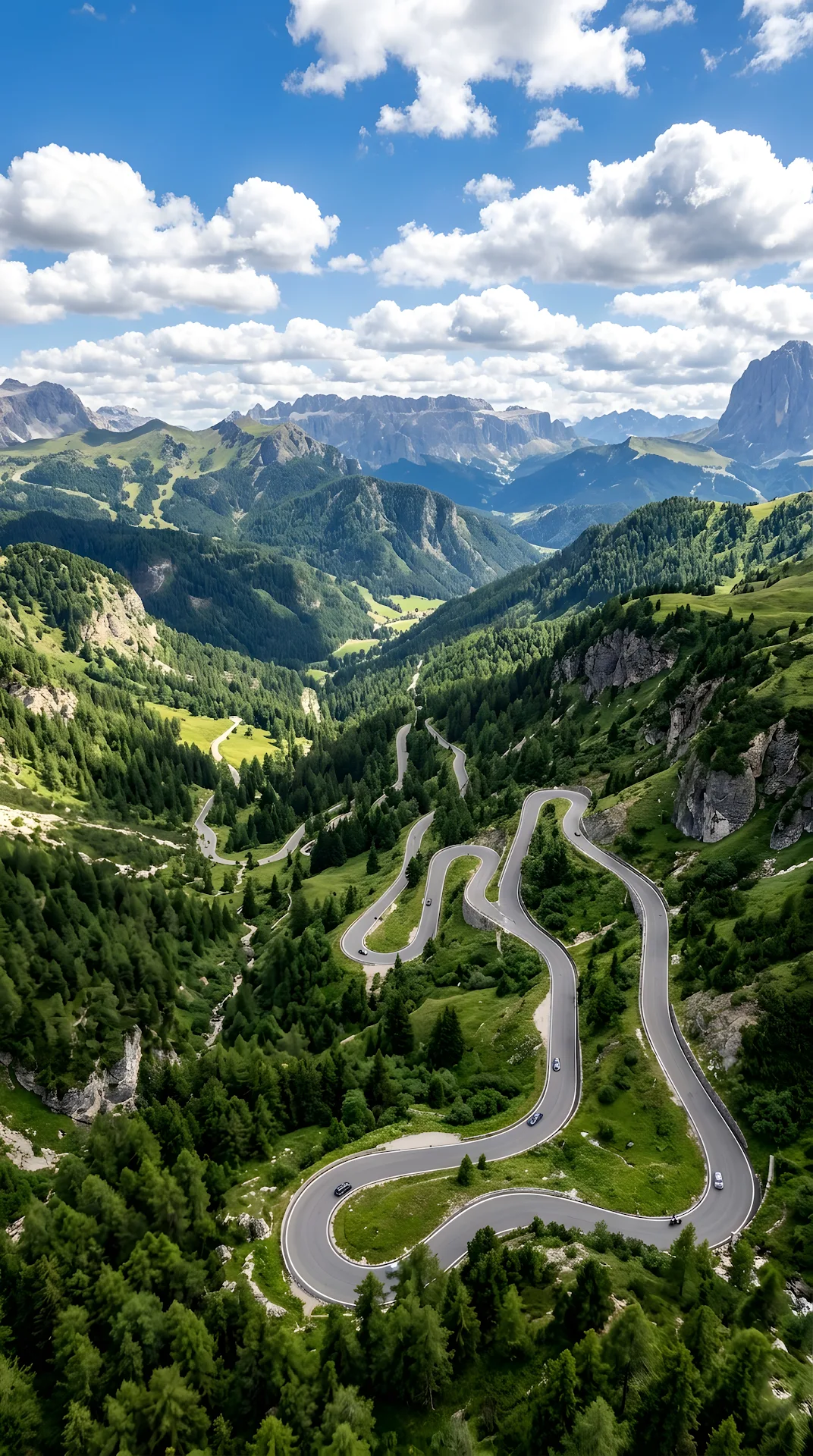 Aerial Perspective of a Winding Mountain Road Through Dense Forest - Free 4K mobile Wallpaper