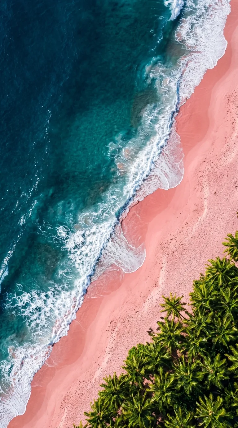 Aerial Top Down Shot of Ocean Waves Crashing on Pink Sand Beach - Free 8K and 4K mobile Wallpaper Background