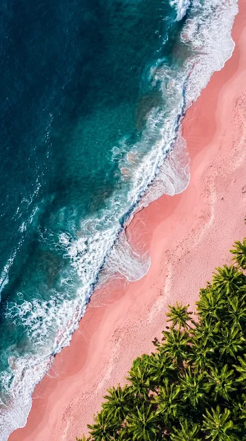 Aerial Top Down Shot of Ocean Waves Crashing on Pink Sand Beach - Free 4K & 8K mobile Wallpaper