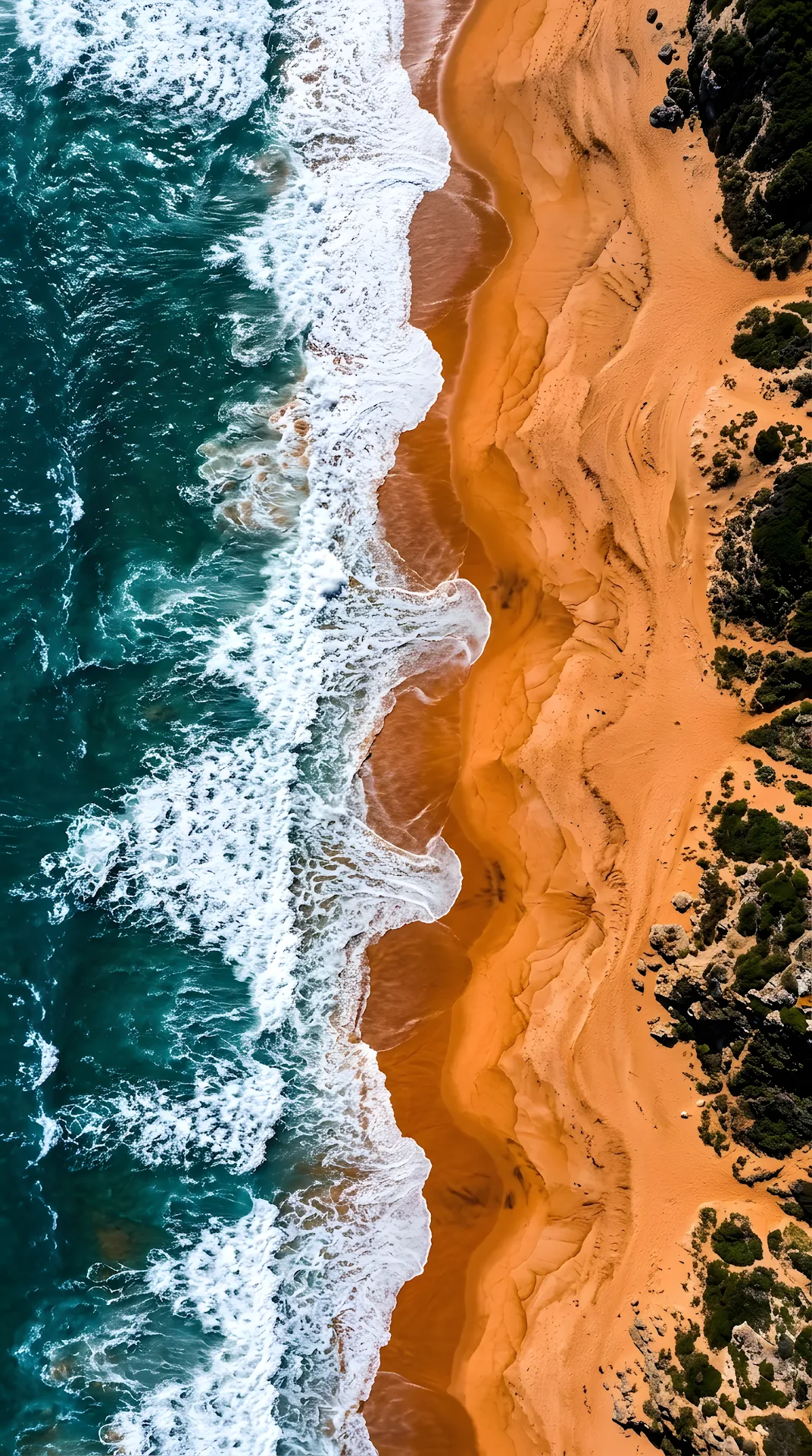 Aerial Top-Down View of Teal Ocean Waves Meeting Vibrant Orange Sands - Free 4K mobile Wallpaper