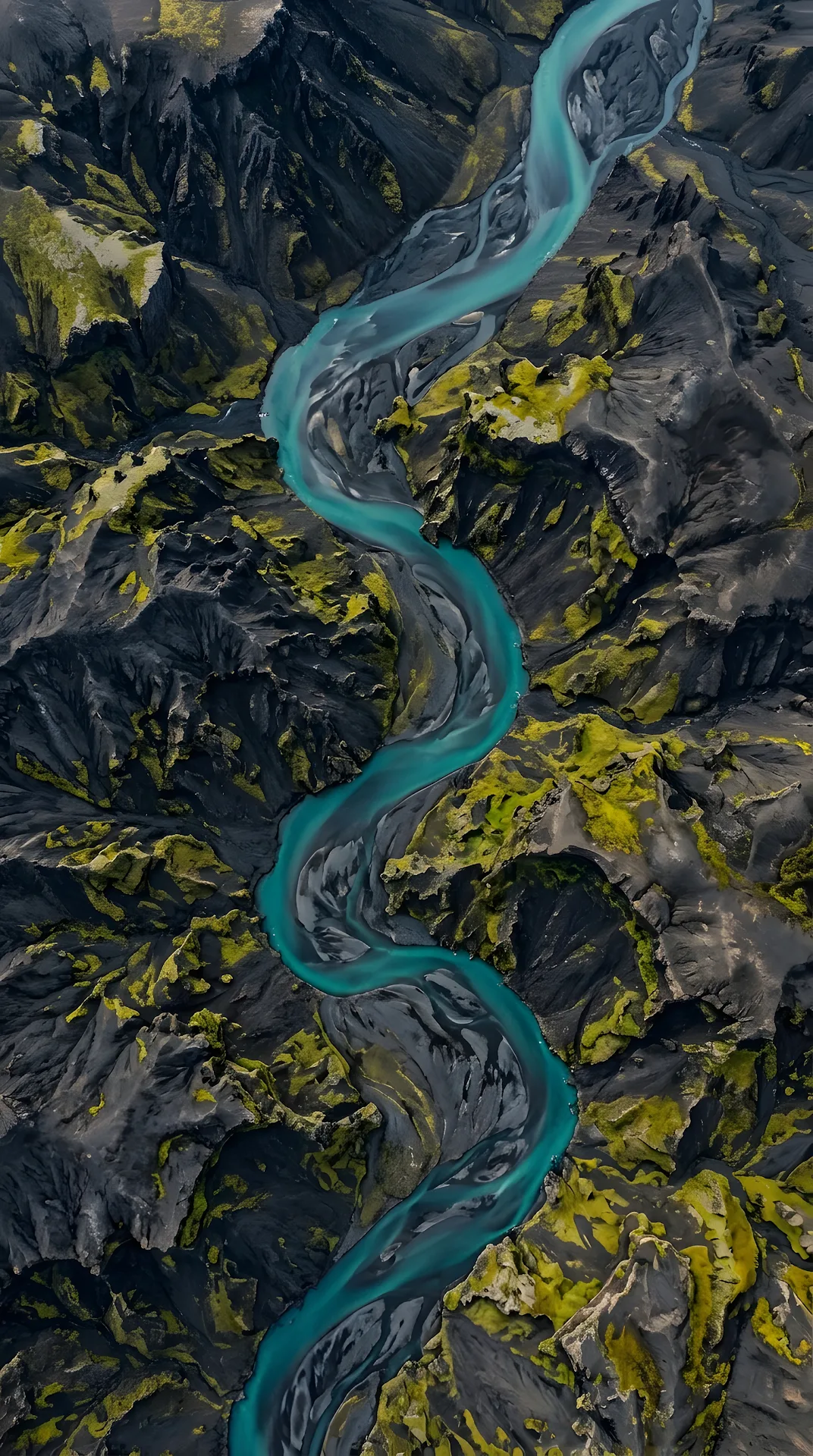 Aerial Top-Down View of Teal River Winding Through Mossy Volcanic Mountains - Free 4K mobile Wallpaper