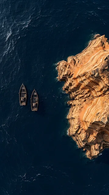 Aerial Top-Down View of Two Boats Near Layered Rock Formations - Free mobile Wallpaper