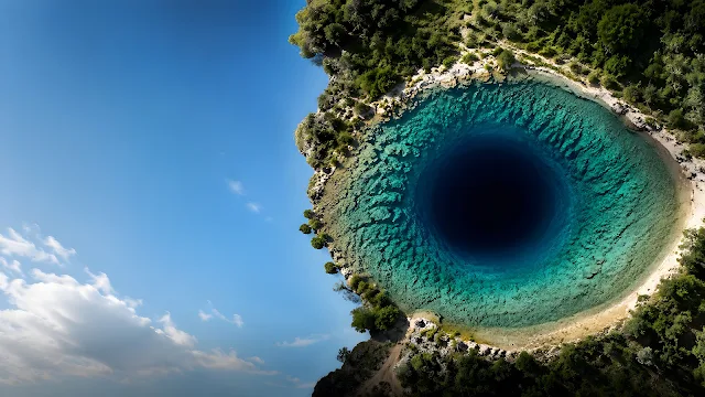 An aerial top-down view of an eye-shaped natural spring pool showing deep teal water fading to a black abyss.