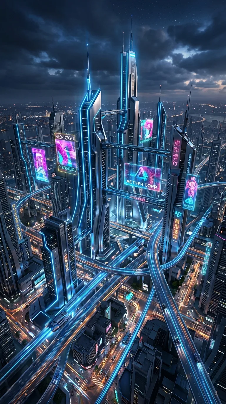 Aerial View of Futuristic City Skyline with Holograms and Transit - Free 8K and 4K mobile Wallpaper Background