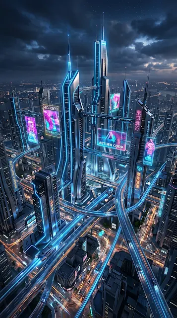 Aerial View of Futuristic City Skyline with Holograms and Transit - Free 4K & 8K mobile Wallpaper