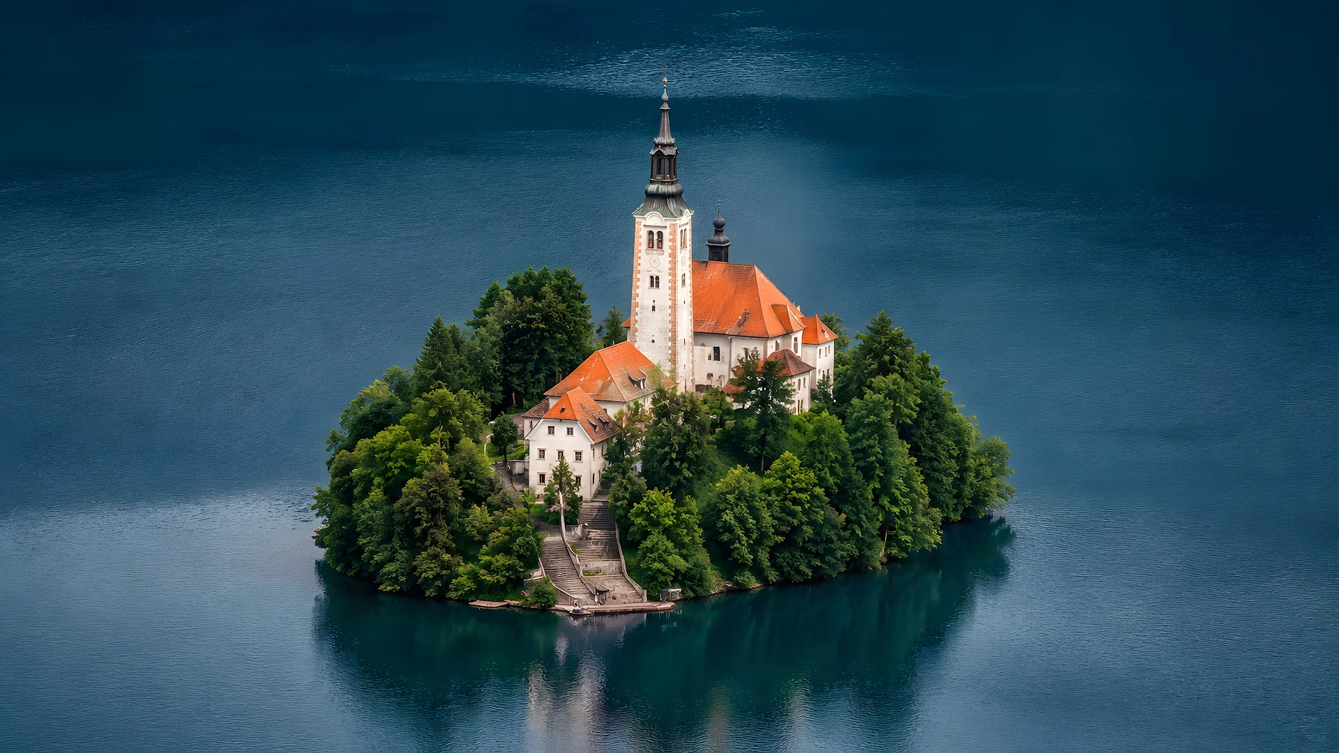 Aerial view of a historic church on an island in a lake - Free 4K desktop Wallpaper