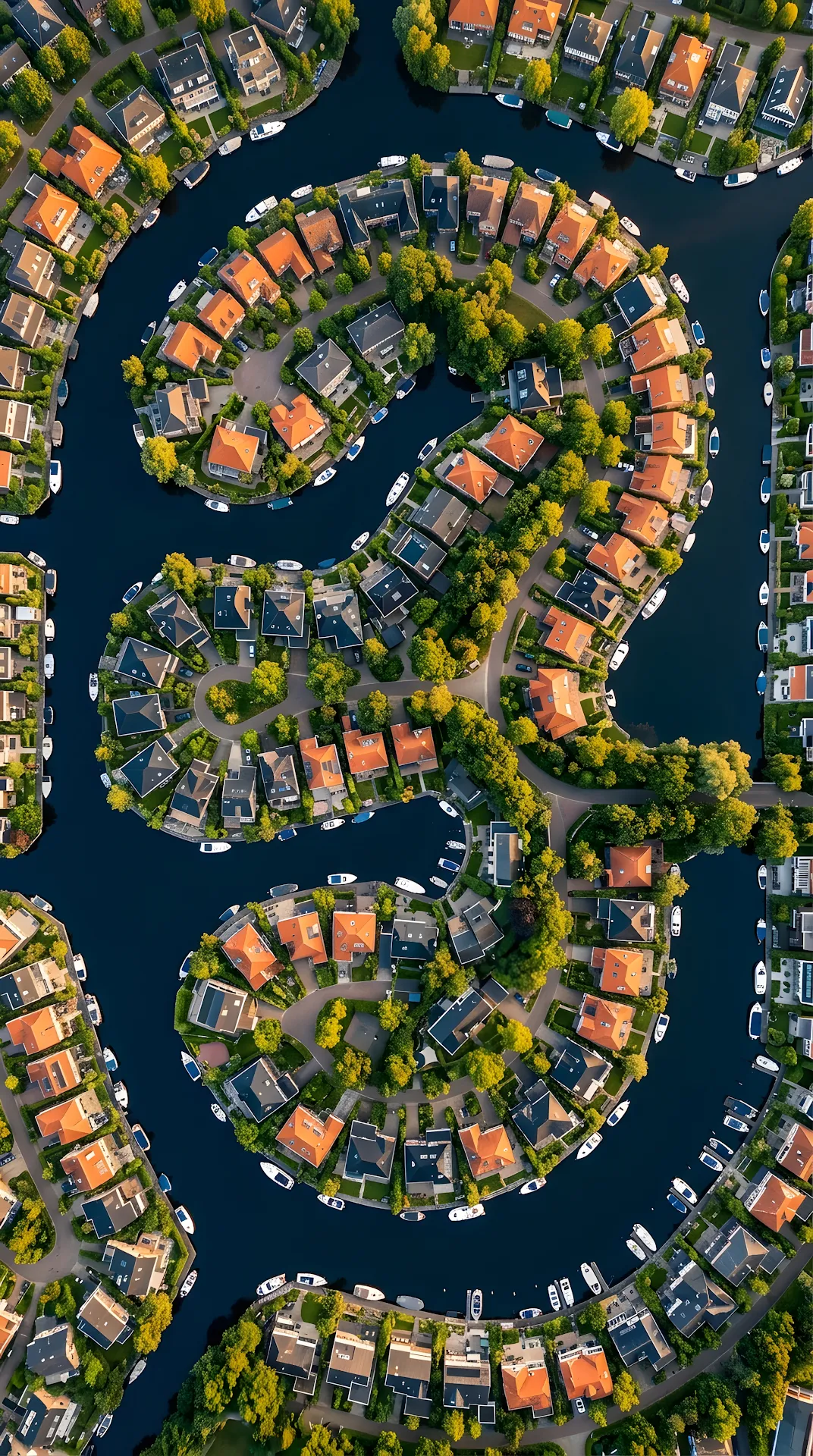 Aerial View Of Houses Arranged Along Sinuous Canals - Free 4K mobile Wallpaper