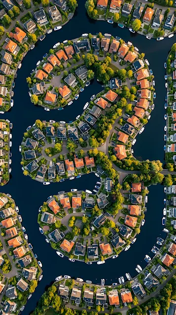 Aerial View Of Houses Arranged Along Sinuous Canals - Free mobile Wallpaper