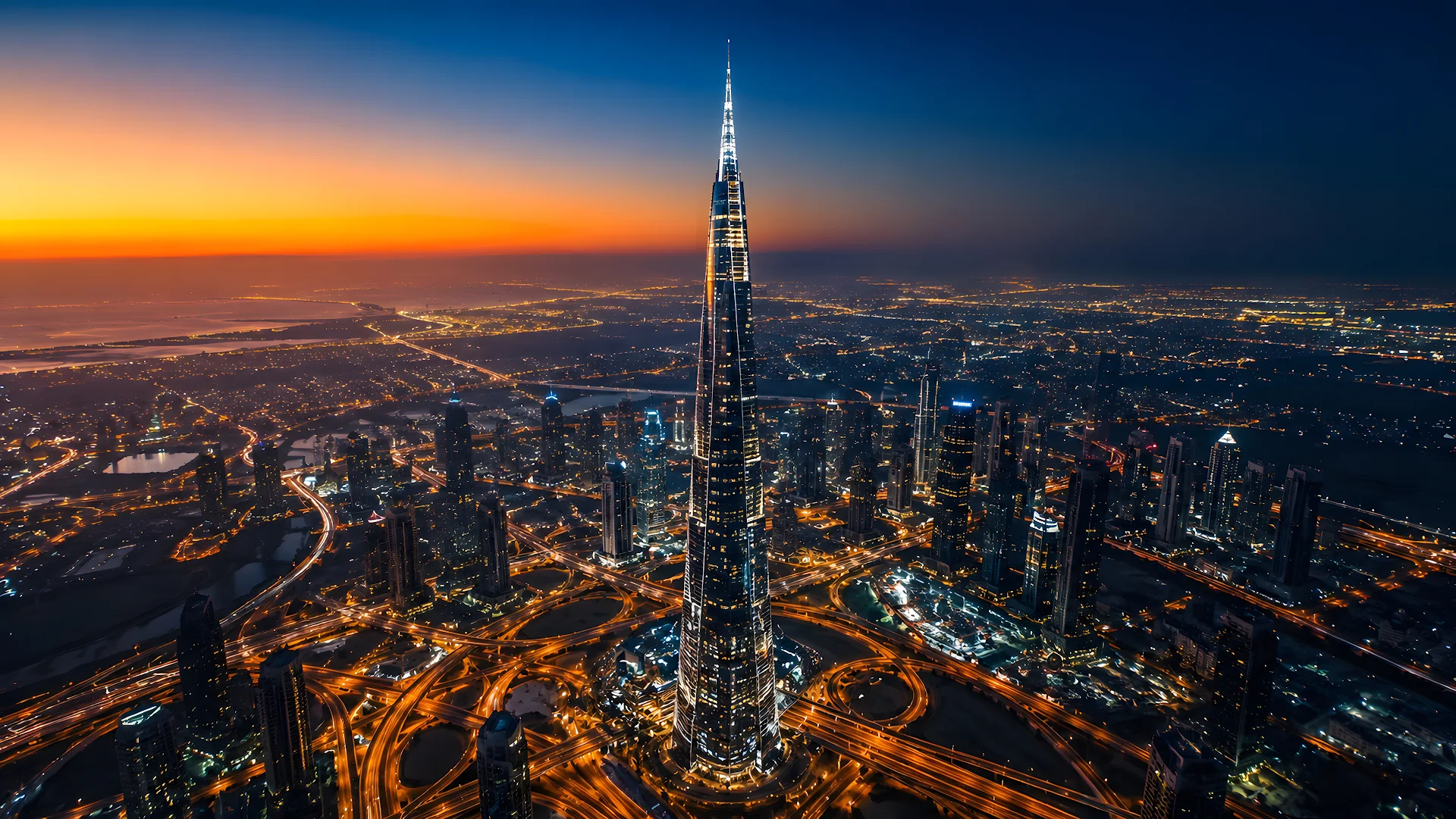 Aerial view of supertall skyscraper towering over golden city grid - Free 4K desktop Wallpaper