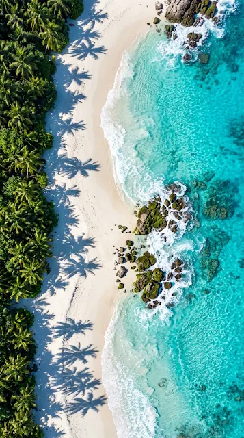 Aerial View of Tropical Beach with Palm Tree Shadows and Rocks - Free 4K & 8K mobile Wallpaper