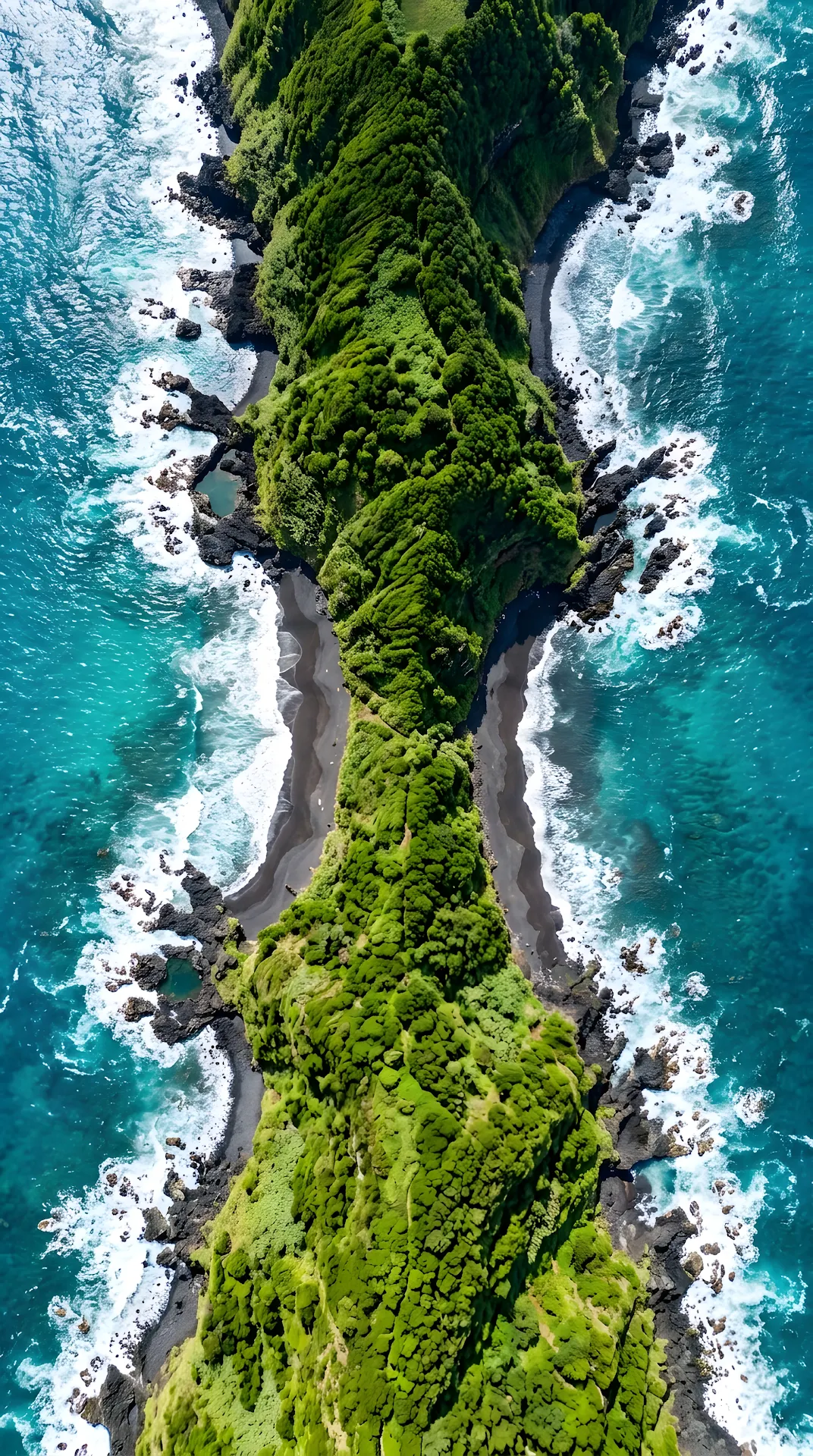Aerial View of a Tropical Peninsula with Black Sand and Turquoise Sea - Free 4K mobile Wallpaper