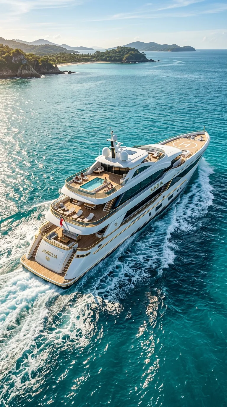 Aerial View of White Luxury Yacht in Turquoise Tropical Waters - Free 8K and 4K mobile Wallpaper Background