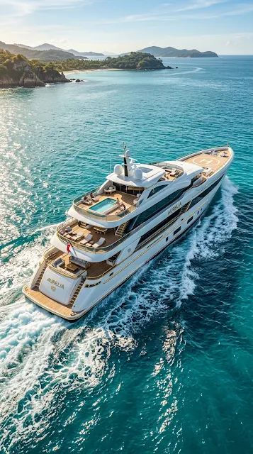 Aerial View of White Luxury Yacht in Turquoise Tropical Waters - Free 4K & 8K mobile Wallpaper