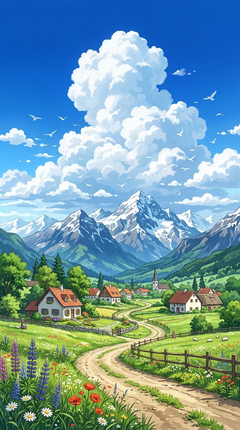 Download Aesthetic Anime Alpine Village under Snowy Mountain Peak Wallpaper Wallpaper in 4K UHD Aesthetic Anime Alpine Village under Snowy Mountain Peak Wallpaper - Free 8K and 4K mobile Wallpaper Background