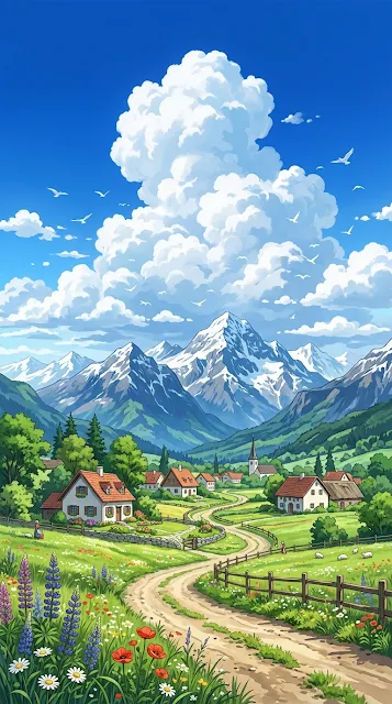 Aesthetic Anime Alpine Village under Snowy Mountain Peak Wallpaper - Free 4K & 8K mobile Wallpaper
