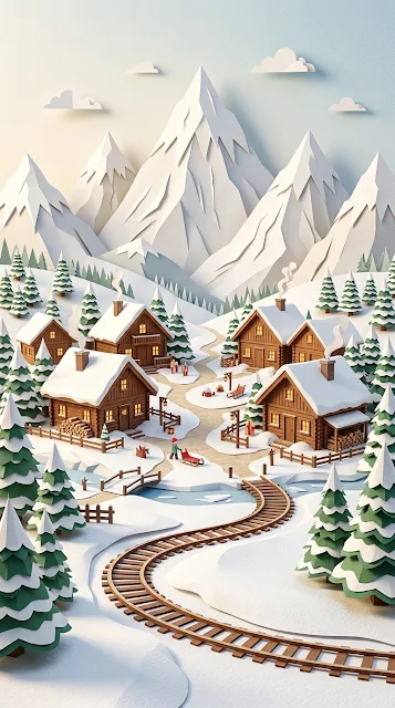 Aesthetic Papercraft Snowy Mountain Village Background - Free 4K & 8K mobile Wallpaper