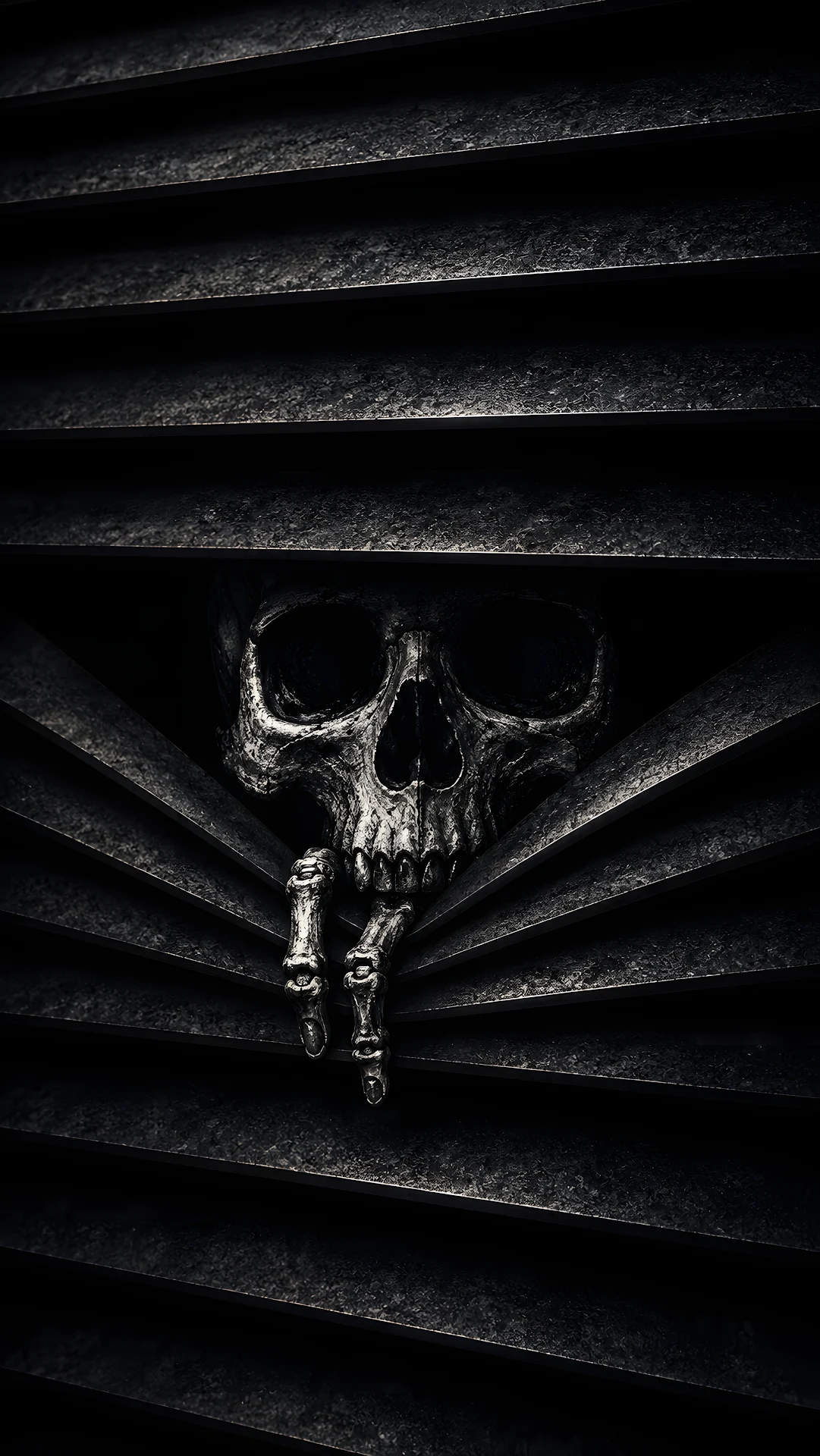 Aged Human Skull Peeking Through Dark Textured Metal Window Venetian Blinds - Free 4K mobile Wallpaper