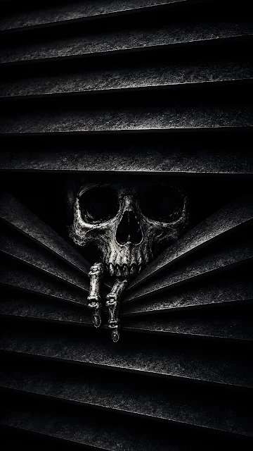 A dark dramatic close-up of a weathered human skull and skeletal fingers forcing open horizontal dark metal window blinds.