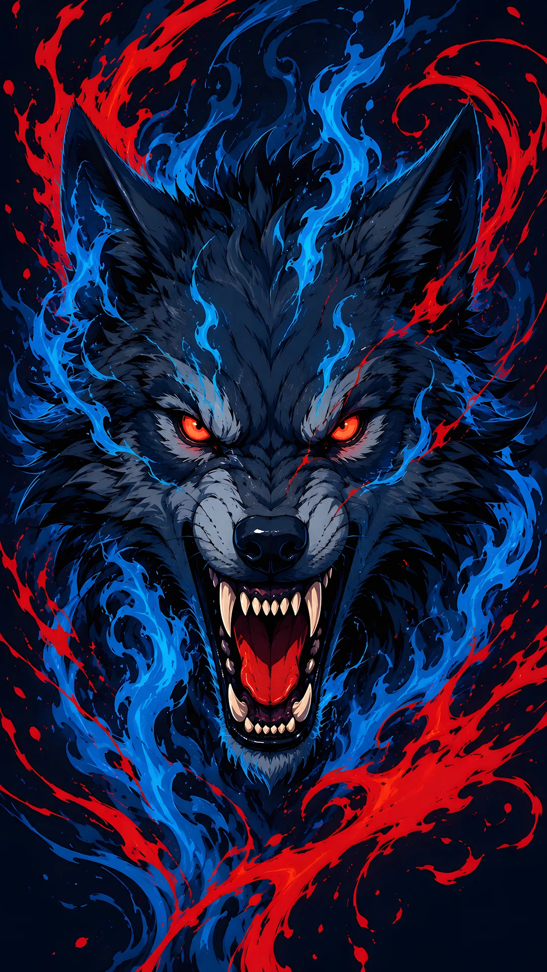 Aggressive snarling wolf surrounded by fiery blue energy flames - Free 4K mobile Wallpaper