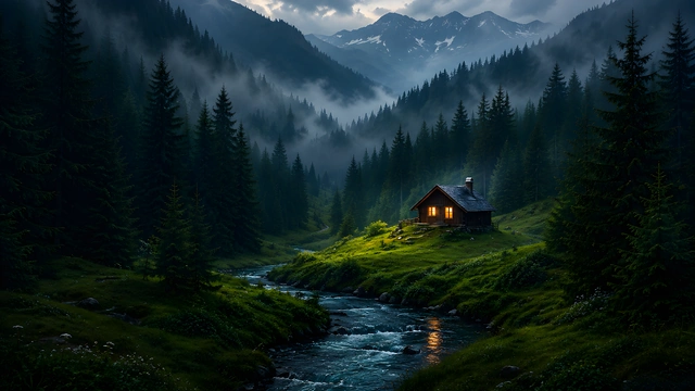 Illuminated wooden cabin on a grassy hill beside a flowing creek in a foggy pine tree valley with mountains.