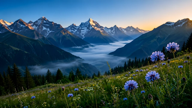 Blue wildflowers on a grassy hillside overlooking a fog-covered alpine valley and rugged snow-capped mountains.