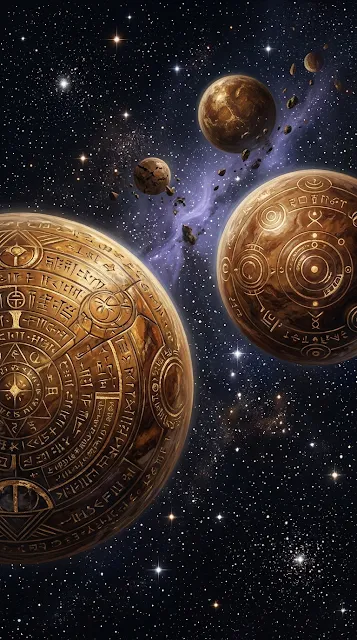 Ancient Cosmic Scene with Marble Planets and Etched Symbols - Free 4K & 8K mobile Wallpaper