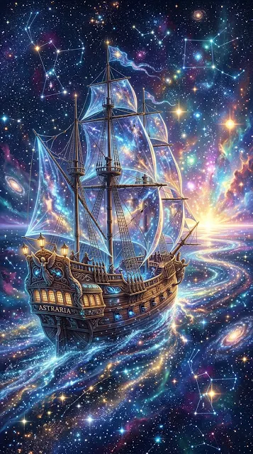 Ancient Galleon Sailing through a Celestial Ocean of Stars - Free 4K & 8K mobile Wallpaper