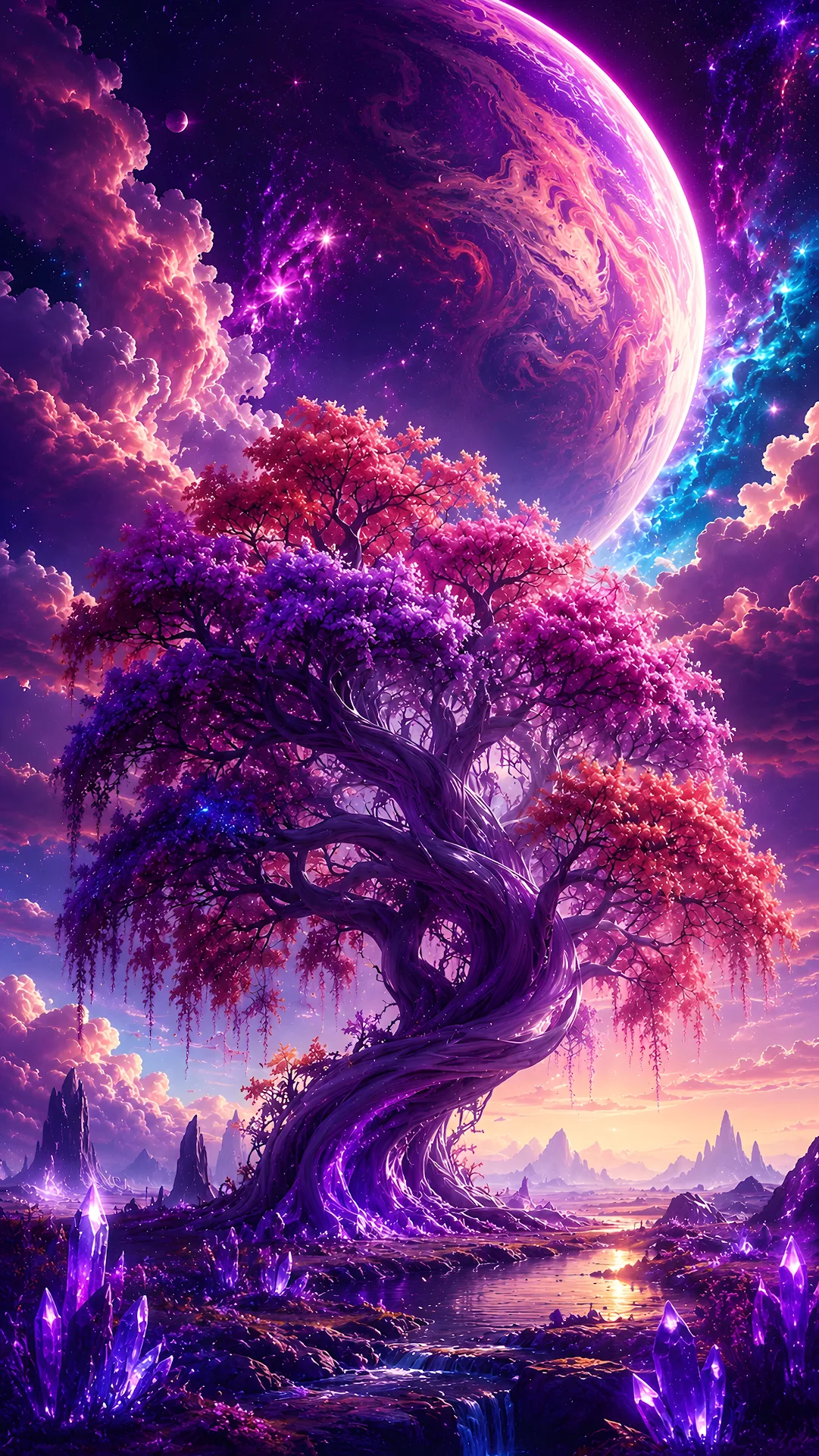 Ancient Gnarled Tree of Life with Pink and Purple Glowing Foliage - Free 4K mobile Wallpaper