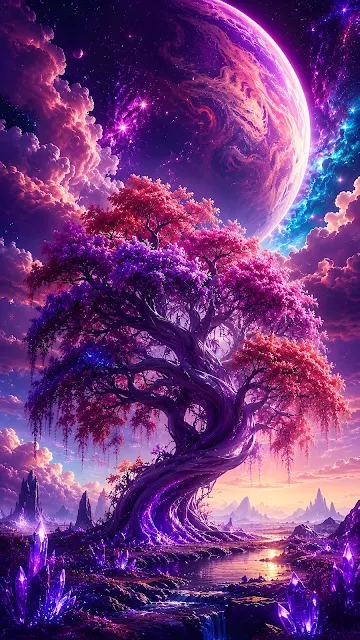 An ancient twisted tree with pink and purple glowing leaves standing in a glowing alien landscape under a large planet.