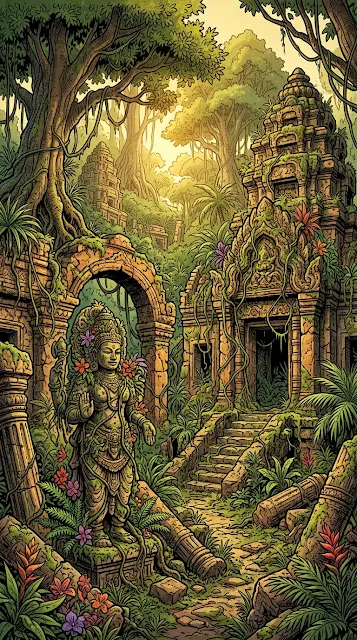 Ancient Jungle Ruins with Overgrown Stone Statues and Vines - Free 4K & 8K mobile Wallpaper