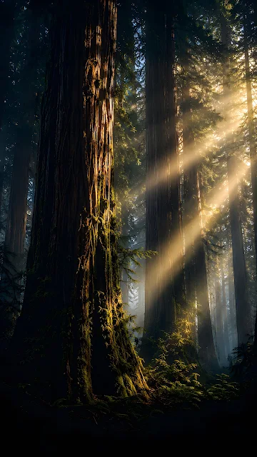 Massive redwood tree trunks stretching upwards into dark green canopy with warm golden light beams slicing through fog.