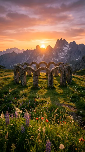 Ancient Stone Arches in Tranquil Mountain Meadow at Sunset - Free mobile Wallpaper