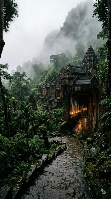 Ancient Stone Hindu Temple Shrouded in Misty Forest and Fog - Free 4K & 8K mobile Wallpaper