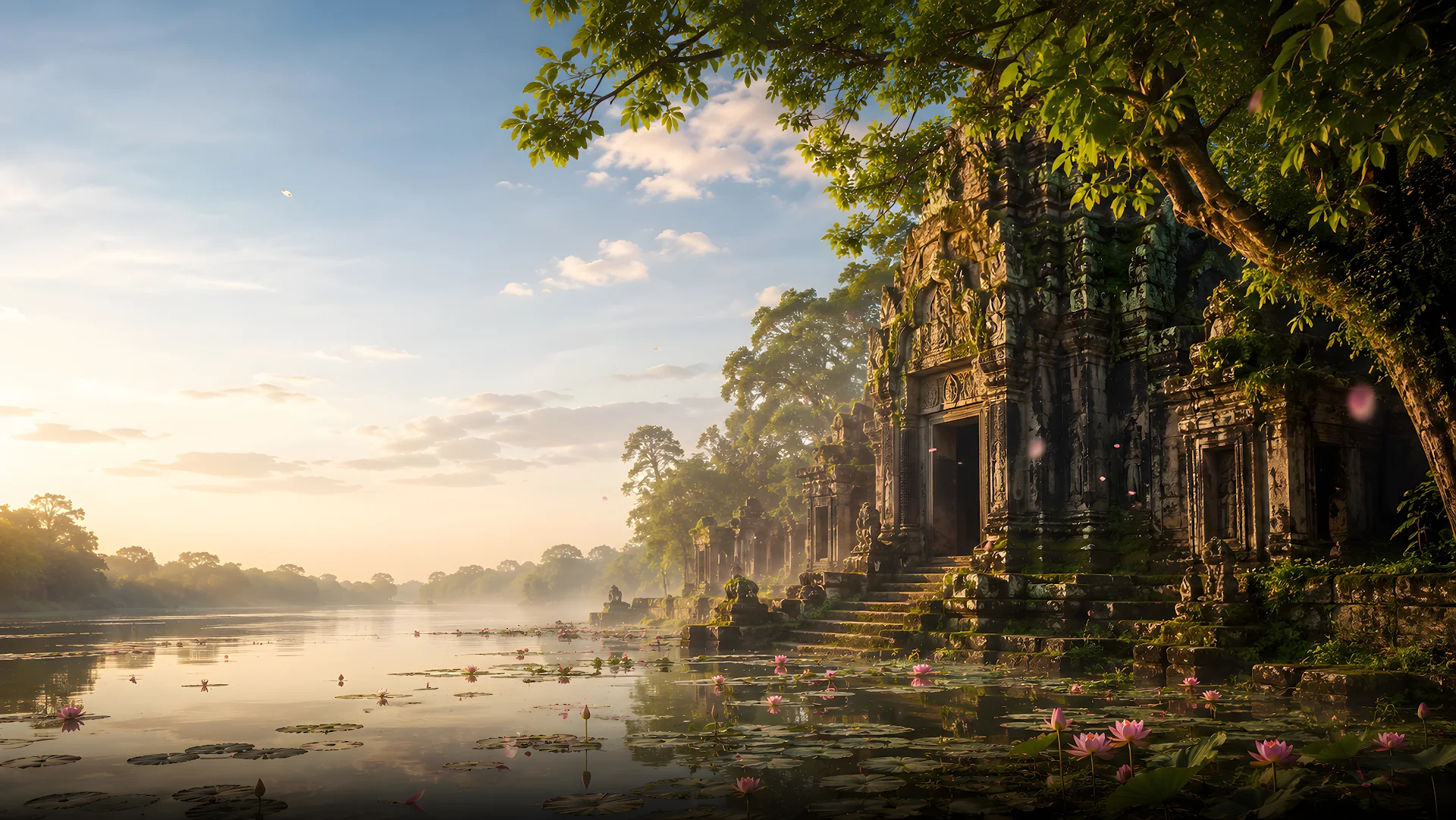 Ancient Stone Temple Lotus Pond Wallpaper - Free 4K desktop Wallpaper