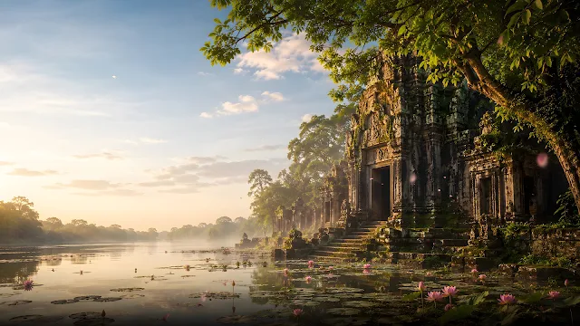 Pink lotus flowers float in a calm pond before an ancient stone temple under morning sunbeams.