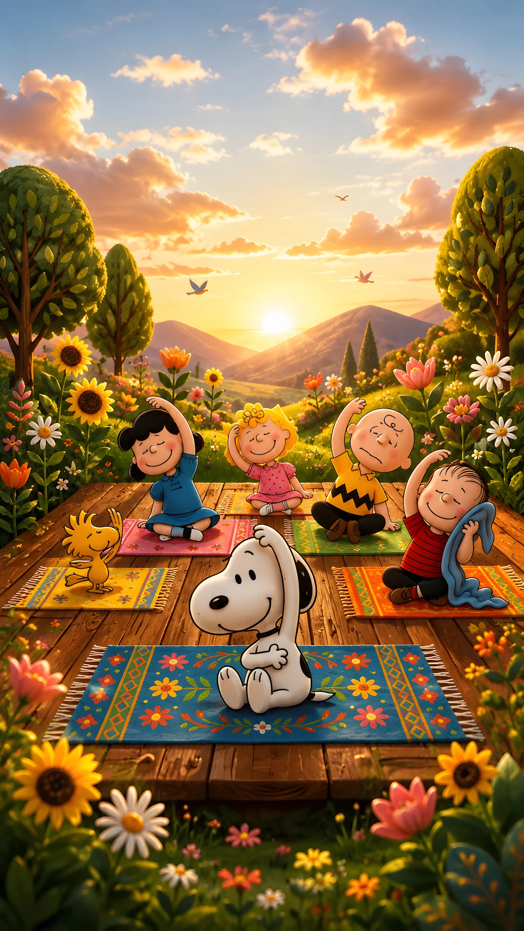 Animated animal and human friends practicing yoga in garden - Free 4K mobile Wallpaper
