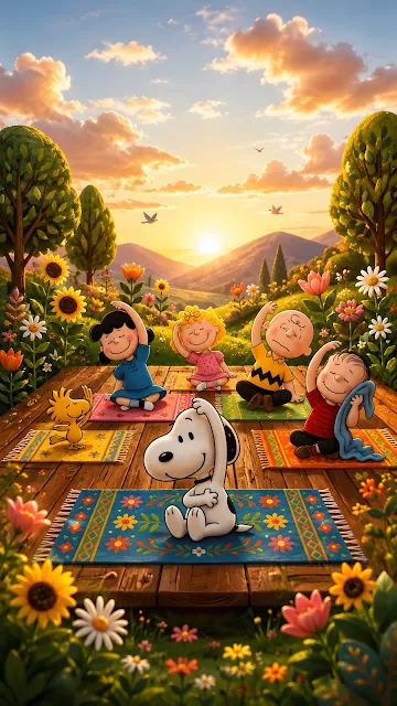 Playful cartoon characters and dog sitting on colorful mats doing yoga stretches on a wooden deck in a sunlit garden.