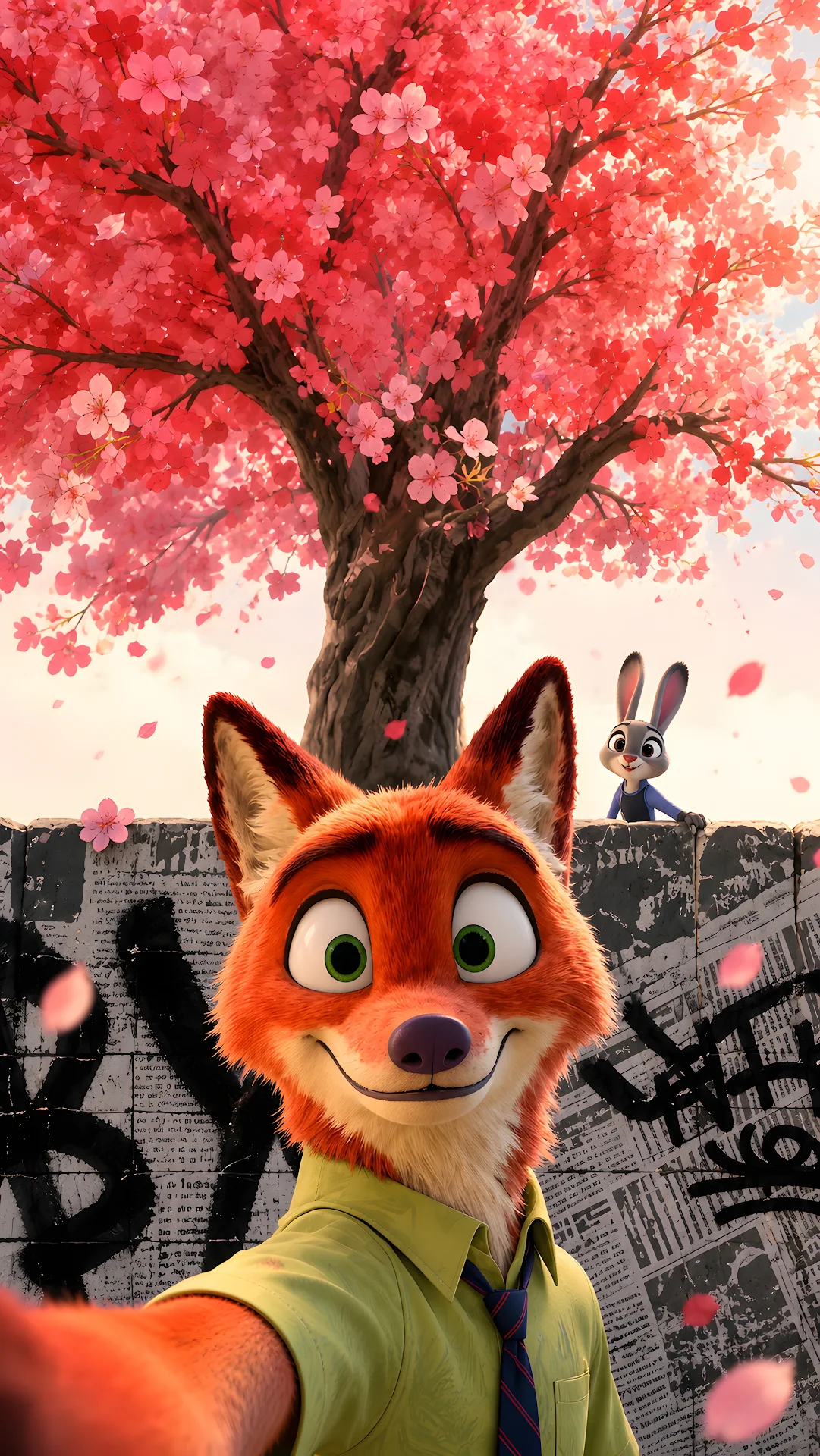 Animated orange fox taking selfie with rabbit under cherry blossoms - Free 4K mobile Wallpaper