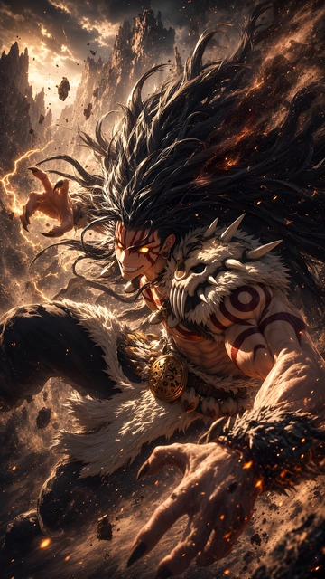 Fierce anime warrior with wild black hair, glowing eyes, and bone armor lunging forward surrounded by embers.