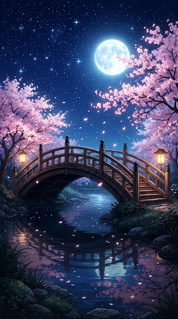 Anime Cherry Blossom Moonlit Traditional Wooden Bridge Wallpaper - Free 4K & 8K mobile Wallpaper