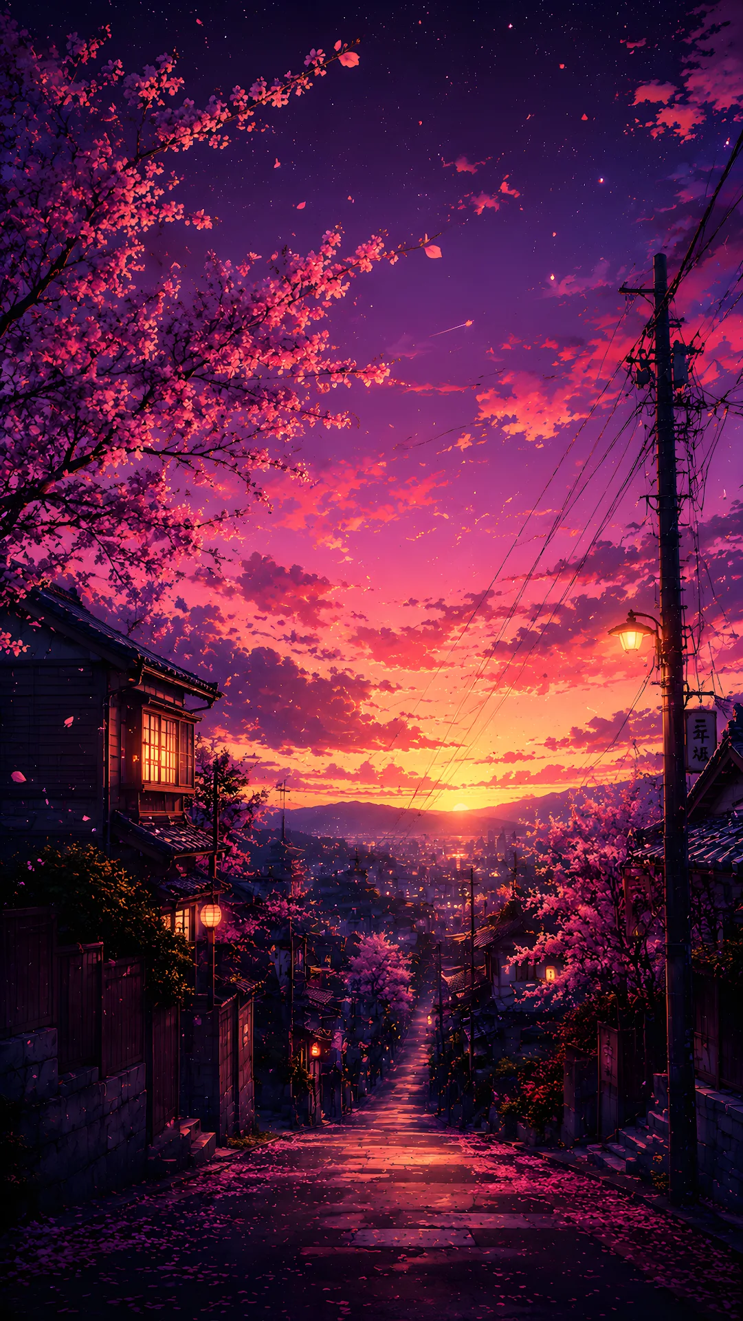 Anime Cherry Blossom Street at Twilight Wallpaper - Free 4K mobile Wallpaper