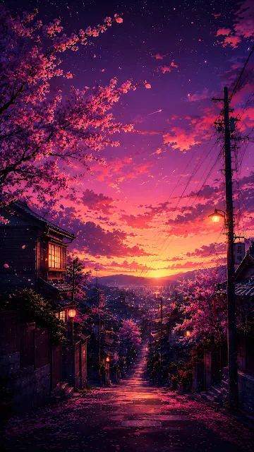 A narrow Japanese residential street framed by blooming pink cherry blossoms under a deep violet and pink twilight sky.