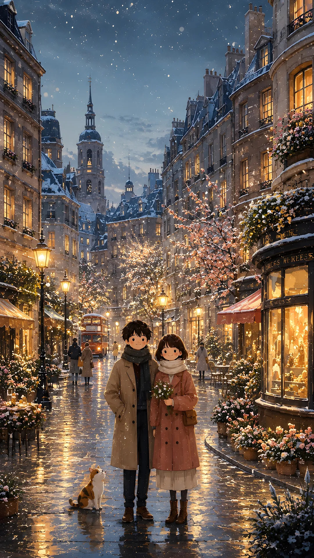 Anime couple holding flowers on a cozy snowing European street - Free 4K mobile Wallpaper