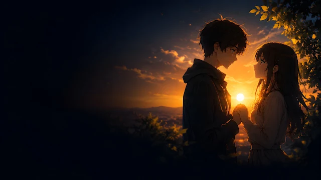 An anime style boy and girl looking lovingly at each other while gently holding hands under a golden sunset sky.
