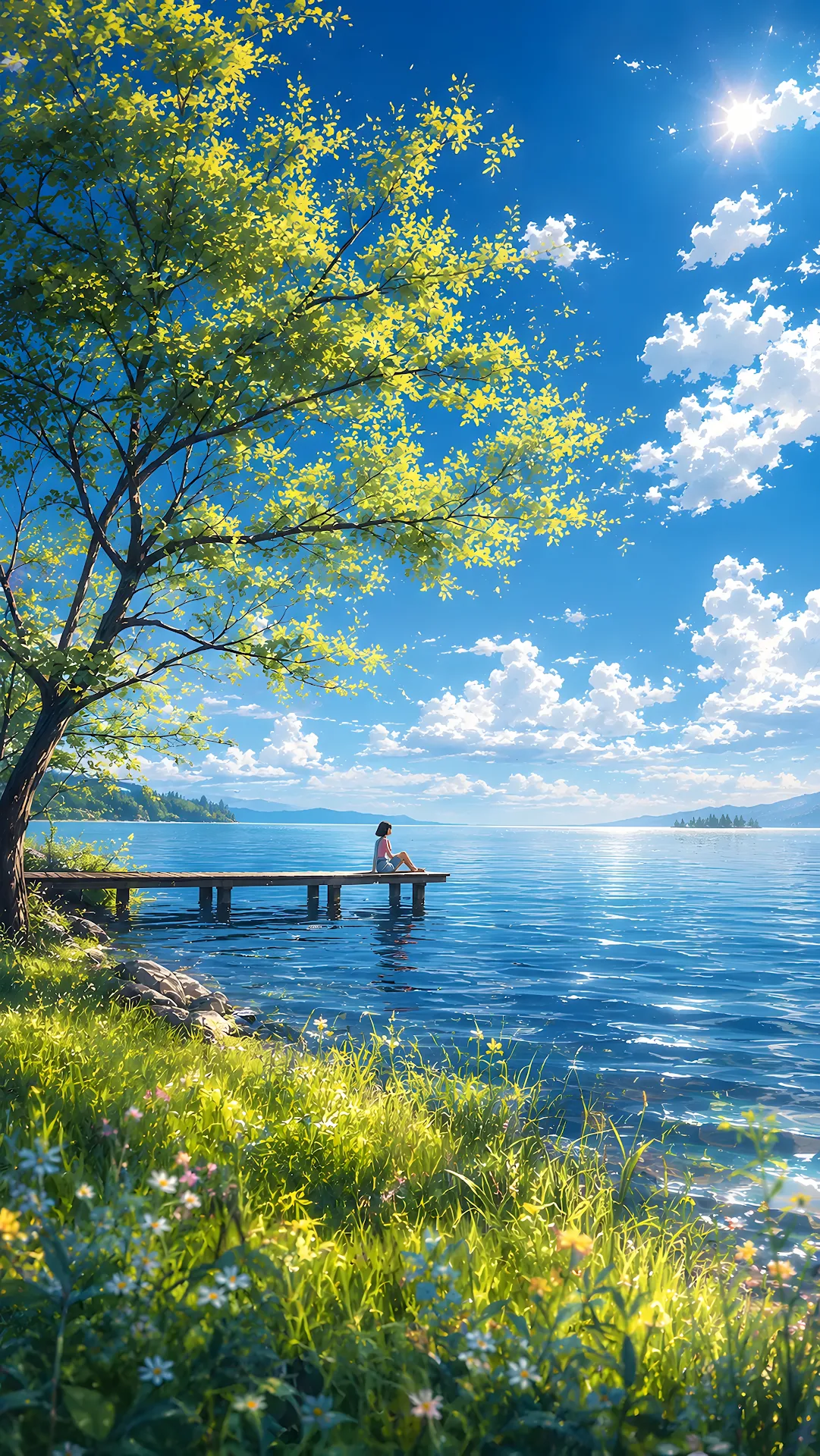 Anime girl sitting peacefully on wooden dock by serene blue lake - Free 4K mobile Wallpaper