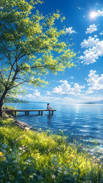 Girl sitting on a wooden pier overlooking a clear blue lake under a bright sunny sky with fluffy clouds.