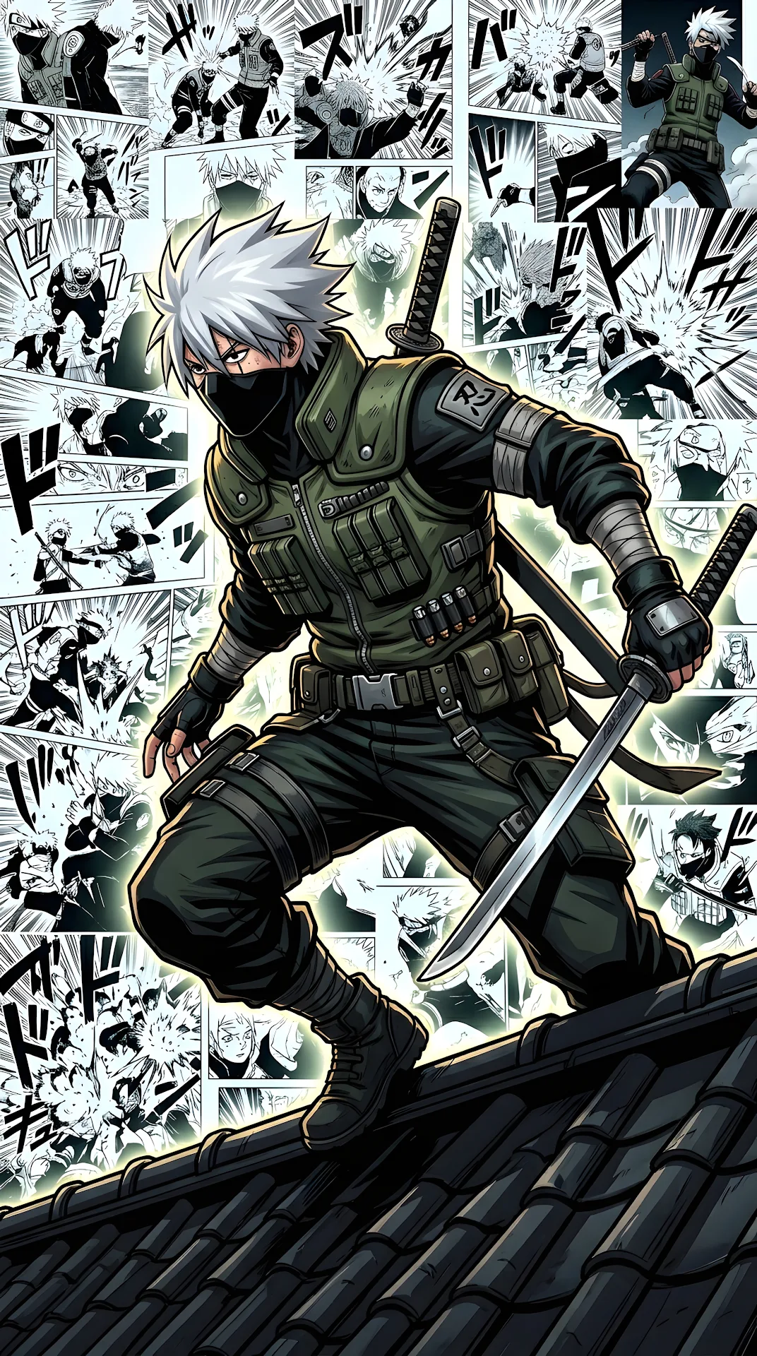 Anime Ninja Portrait with Spiky White Hair Against Manga Panel Background - Free 4K mobile Wallpaper