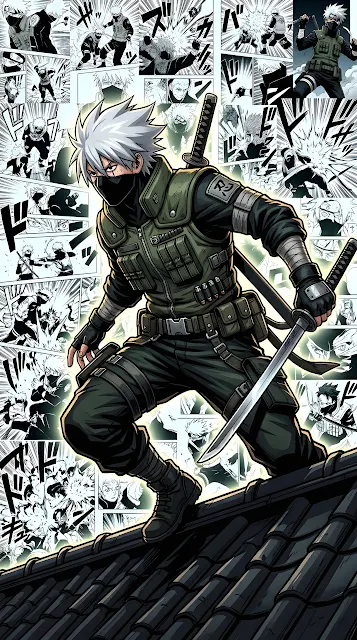 Anime Ninja Portrait with Spiky White Hair Against Manga Panel Background - Free mobile Wallpaper