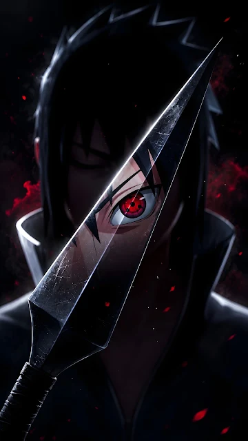 Close-up illustration of a dark-haired anime warrior partially hidden behind a scratched metal kunai blade revealing a glowing red eye.
