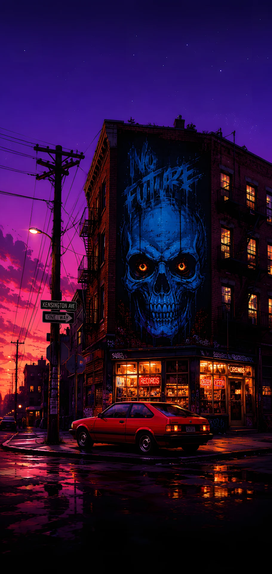 Anime Street Corner Skull Mural Red Car Wallpaper - Free 4K mobile Wallpaper